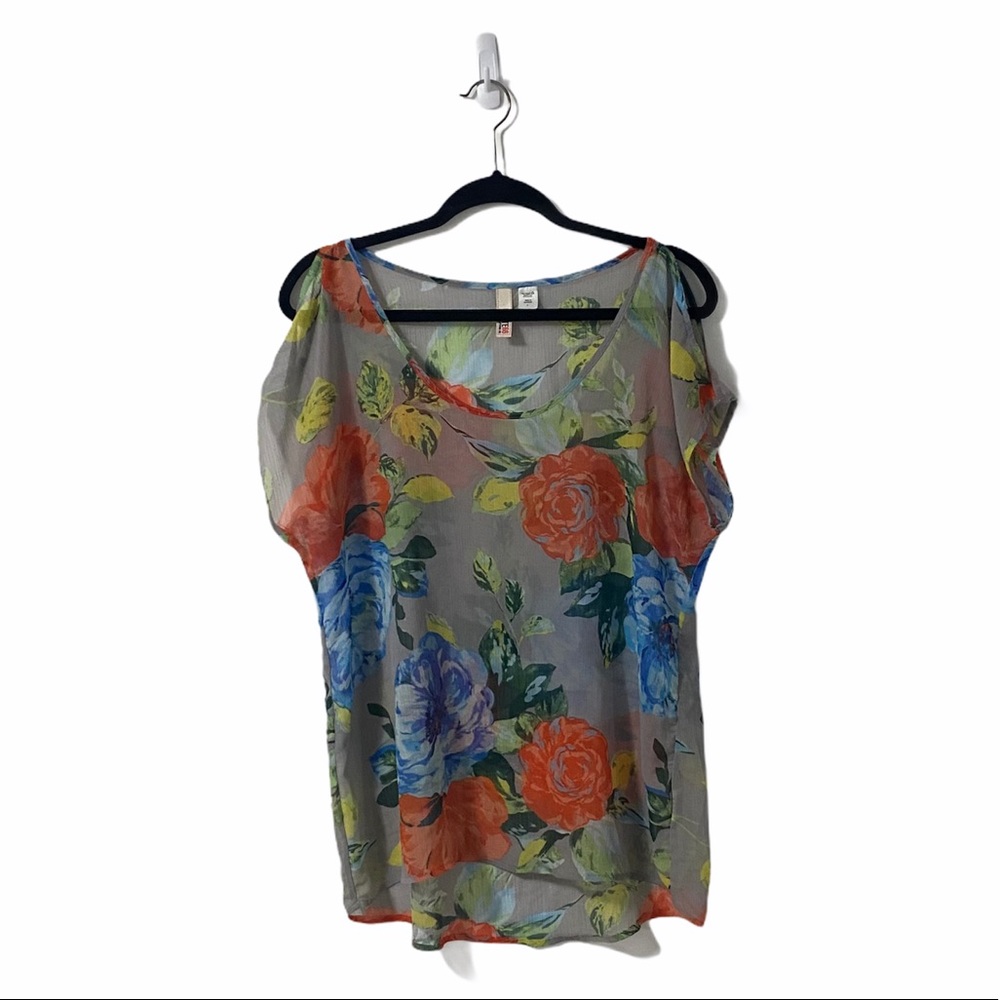 Route 66 Grey & Floral Sheer Cold Shoulder Blouse
